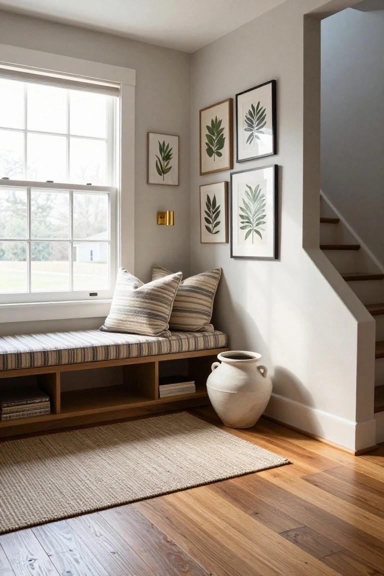 Light gray interior with a wooden built-in window bench featuring striped cushions and open shelves holding books, botanical leaf artwork on walls, a large white terracotta vase on the floor, and wooden stairs nearby.