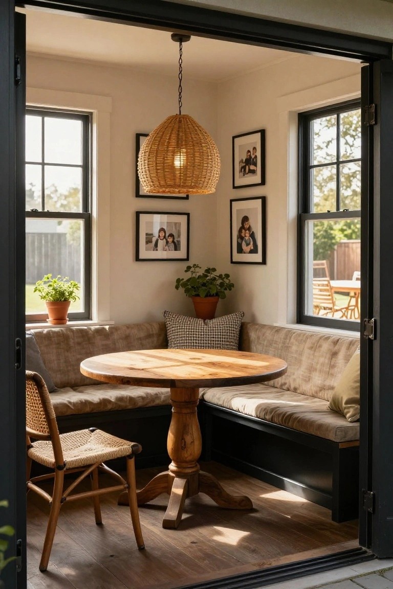 Sunlit interior corner with beige cushioned banquette wrapping around a round wooden pedestal table, one rattan chair, woven pendant light, potted plants, framed family photos on white walls, large windows, and open black sliding door to outdoor patio.