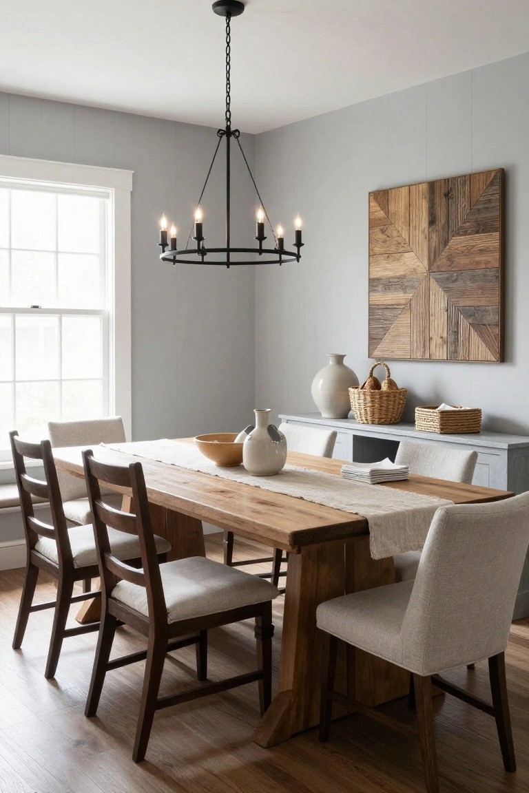 Dining room interior with a large rectangular wooden table topped by a runner and bowl, surrounded by wooden armchairs, upholstered side chairs, a window bench, gray walls, black chandelier overhead, wooden geometric wall art, and a sideboard with white pitchers and baskets.