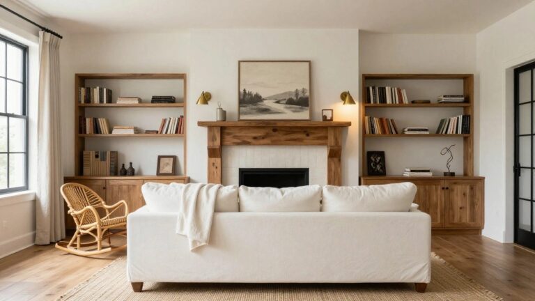 A living room with a large white slipcovered sofa in front of a white fireplace topped by a reclaimed wood mantel, black-framed windows on both sides, rattan chair with throw blanket, wooden bookshelves, and seagrass rug on light wood floors.