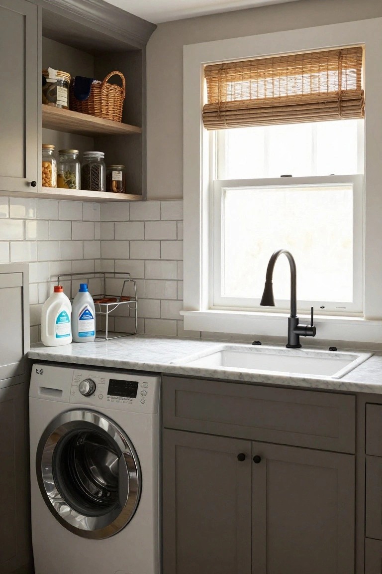 Gray laundry room with white marble counter, sink, washer, and open shelves.