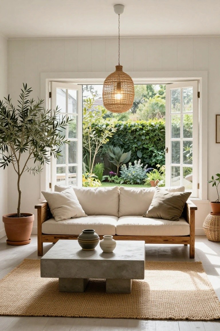 A light-filled living room with white shiplap walls, a wooden sofa with beige cushions and pillows, concrete coffee table with ceramic vases, potted olive tree and plants, rattan pendant light, and open French doors revealing a garden with greenery, hedges, and potted plants.