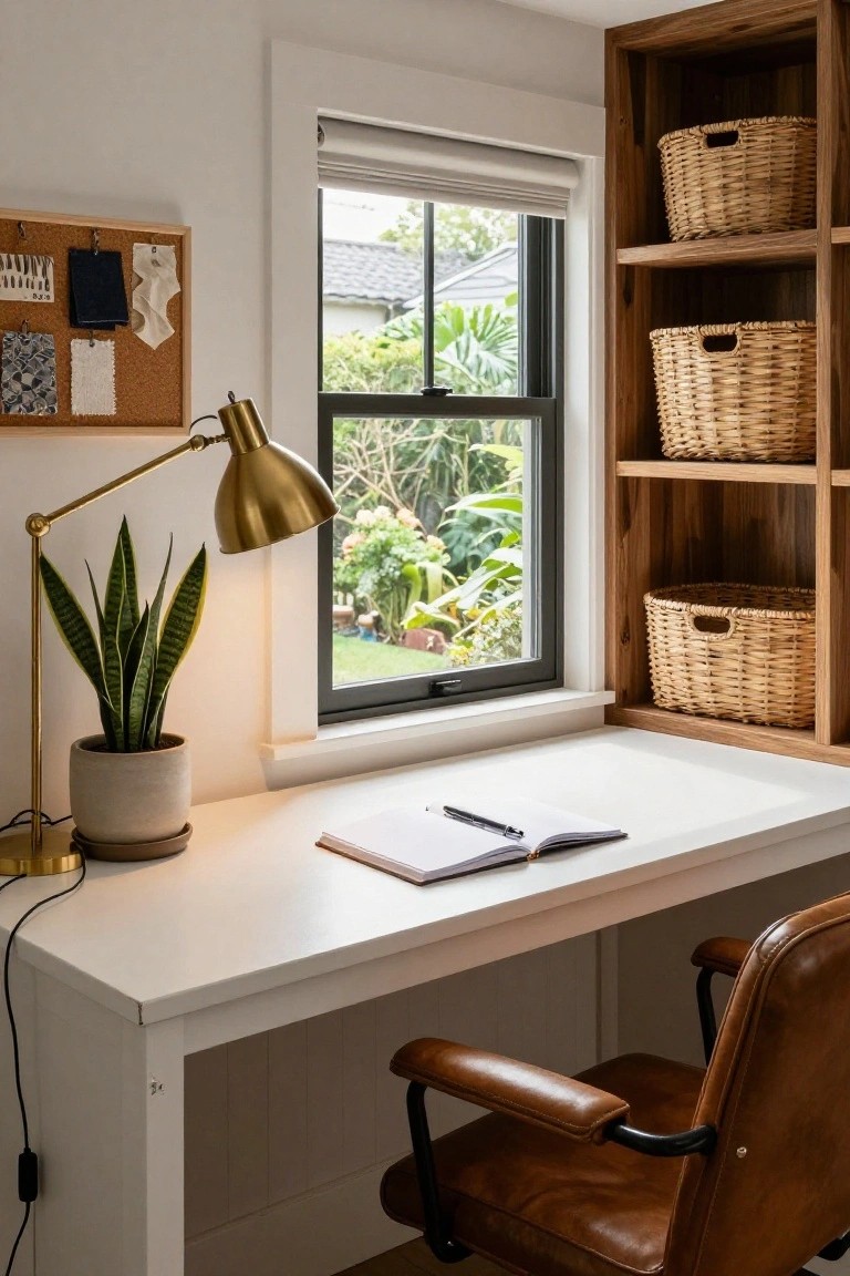 White desk with open notebook and pen in a room with wooden built-in shelves holding woven baskets, gold desk lamp, potted snake plant, corkboard on wall, tan leather chair, and window to garden.