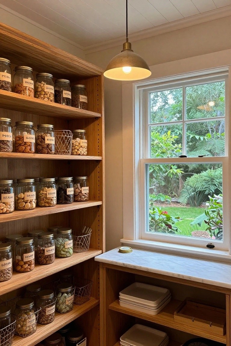 Corner wooden shelving unit in a pantry stocked with labeled glass jars of nuts and snacks, marble countertop below, and window overlooking lush garden.