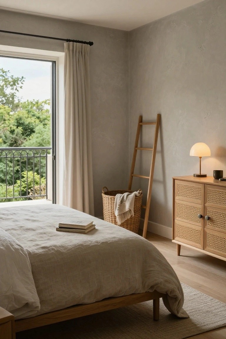Bedroom corner featuring a low wooden bed with white linen bedding and stacked books, a rattan-front wooden dresser with a lamp and mug on top, a wooden ladder holding a wicker basket with towels, and a large balcony door with sheer curtains overlooking trees.