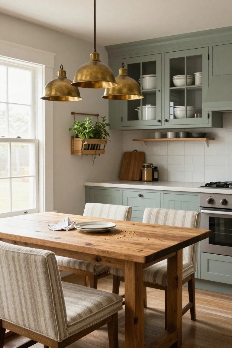 Kitchen interior with sage green lower and glass-front upper cabinets, three brass dome pendant lights over a rustic wooden rectangular dining table with four striped upholstered chairs, white subway tile backsplash, gas stove, and large window with hanging herb basket.