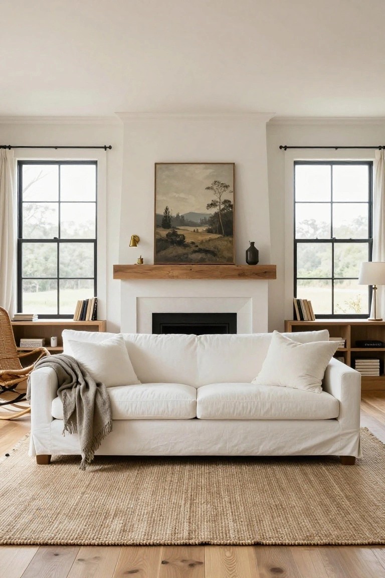 A living room with a large white slipcovered sofa in front of a white fireplace topped by a reclaimed wood mantel, black-framed windows on both sides, rattan chair with throw blanket, wooden bookshelves, and seagrass rug on light wood floors.