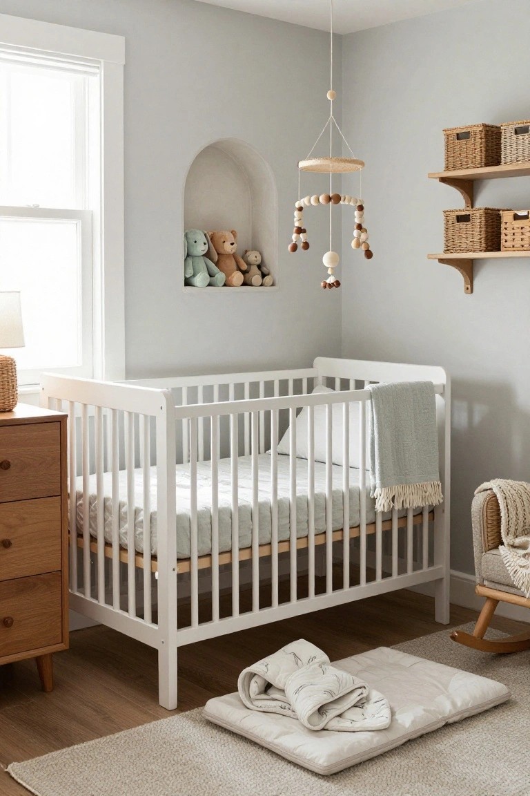 A nursery room with light gray walls, white wooden crib with gray linens, arched niche displaying stuffed animals, wooden mobile overhead, mid-century dresser, rocking chair, and play mat on light wood floors.