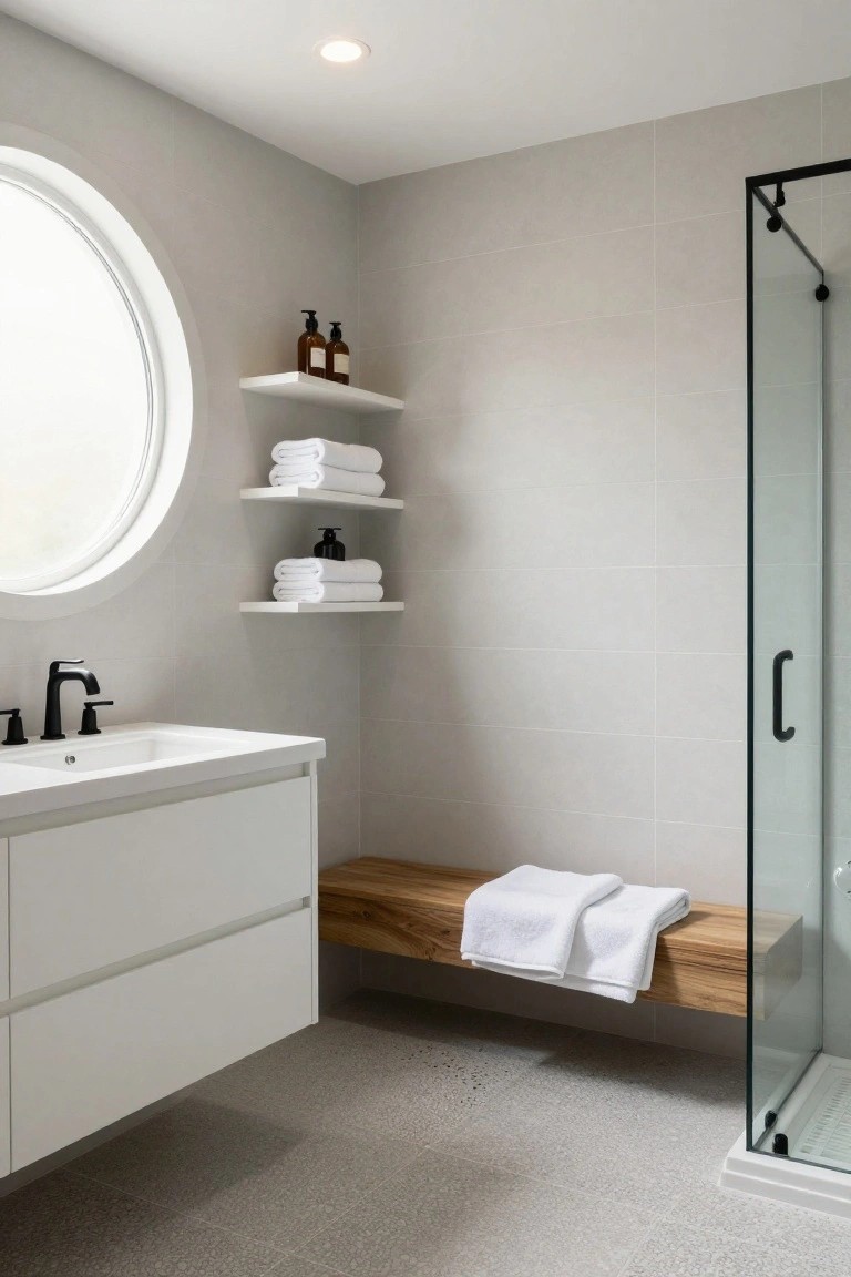 Modern bathroom with light gray tile walls and floor, round window, floating white vanity with black faucet, floating shelves holding white towels and soap bottles, wooden bench with folded white towels next to glass shower enclosure.