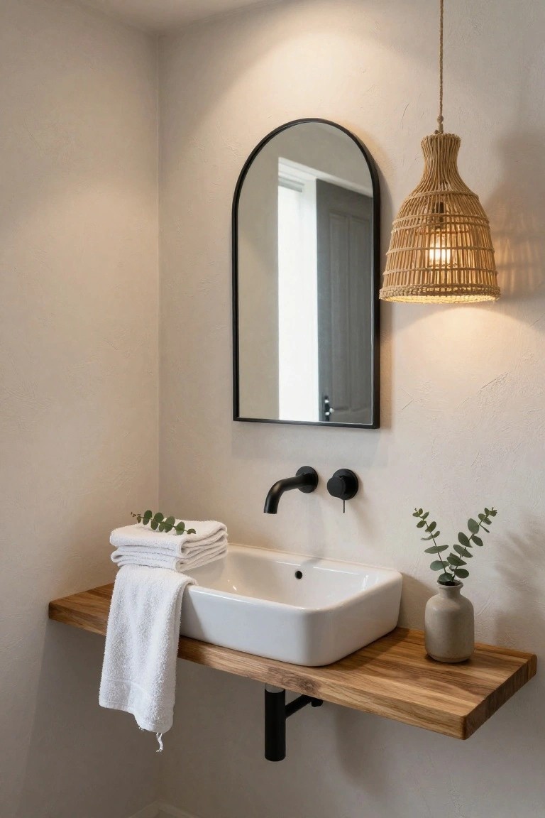 Corner bathroom with white rectangular sink on wooden floating shelf, black arched mirror above, black wall-mounted faucet, stacked white towels, eucalyptus branches, small vase, and rattan pendant light hanging nearby.