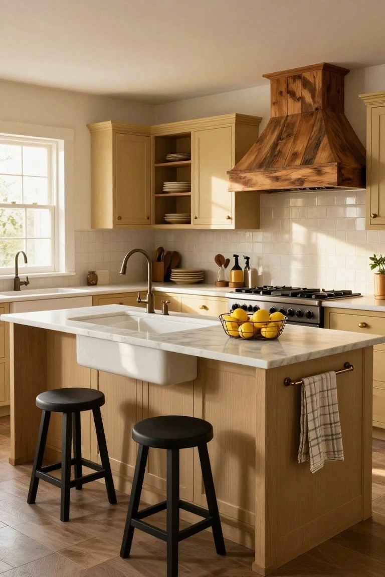 Bright kitchen interior with cream cabinets, distressed wooden range hood over gas stove, white marble island with farmhouse sink, black stools, and lemons in a wire basket.