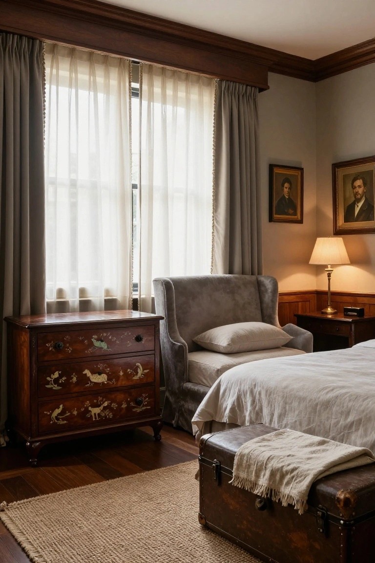 Corner of a light gray traditional bedroom with wood-paneled walls, sheer curtains on two windows, portraits in gold frames, gray velvet wingback chair with pillows, chinoiserie wooden chest of drawers, bed with white linens, small wood desk, and leather trunk on hardwood floor with rug.