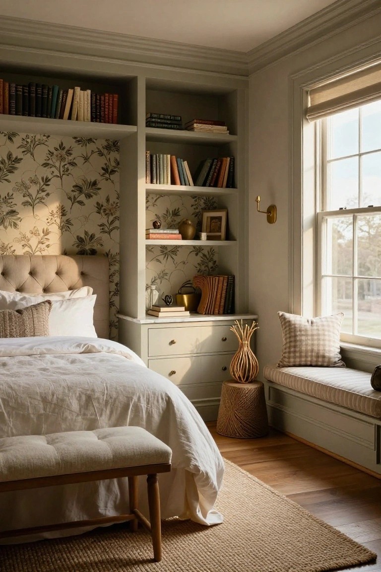 A corner bedroom with sage green built-in bookshelves filled with books, beige tufted upholstered bed with white linens and textured pillows, cream dresser, window seat with checkered pillow, rattan vase and stool, botanical print wallpaper, and hardwood floors with seagrass rug.