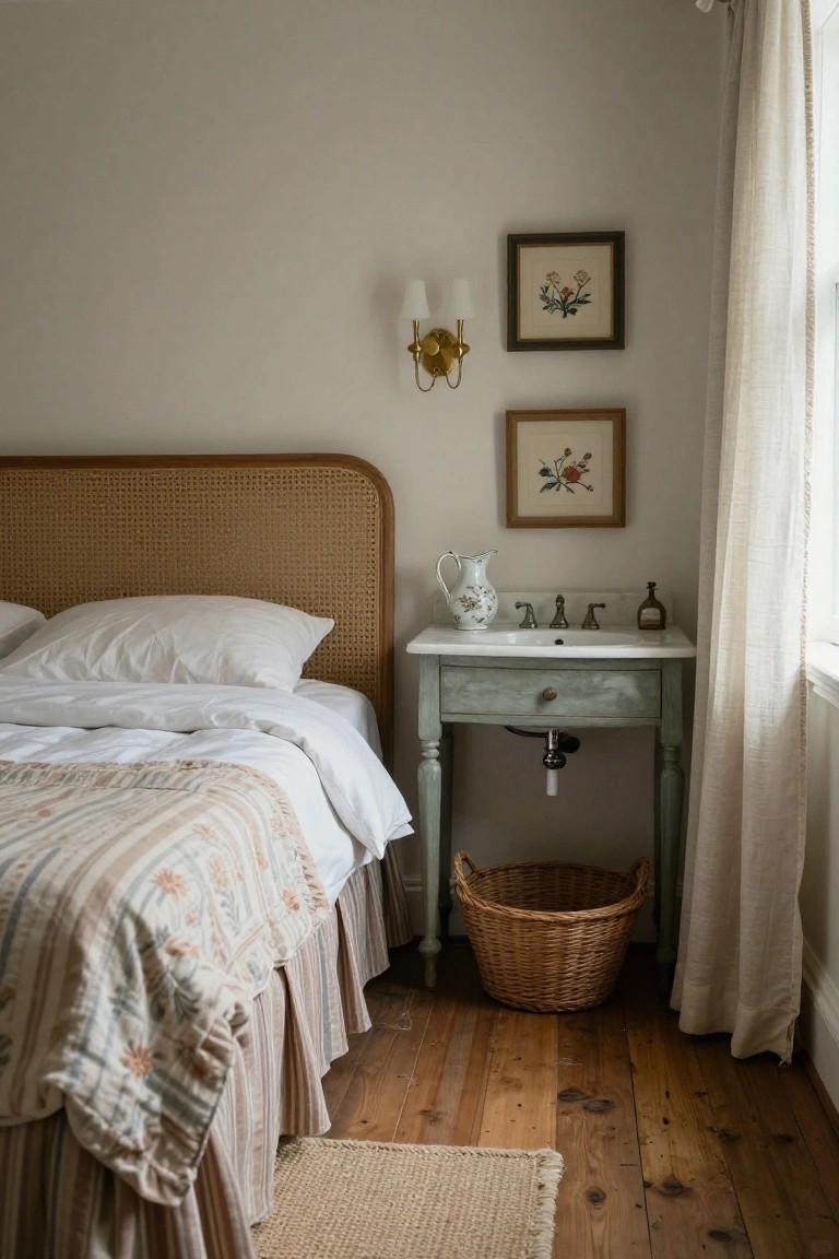 Cozy bedroom corner with rattan headboard bed covered in white sheets and striped quilt next to a green painted washstand sink holding a white pitcher, brass faucet, glass bottle, and wicker basket on hardwood floor with seagrass rug.
