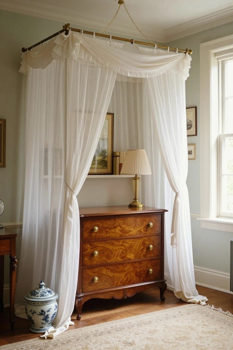 Corner of a pale green traditional bedroom with a brass four-poster bed frame draped in white sheer curtains, beside a three-drawer flame mahogany dresser, a blue and white porcelain jar, framed artwork, and a lamp on shelves.