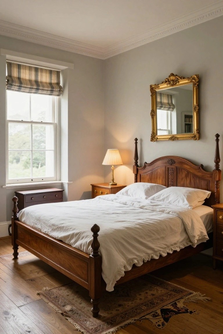 A bedroom interior with a wooden four-poster bed dressed in white linens, matching wooden nightstands, a table lamp, gold-framed mirror on pale gray walls, and a window with striped roman shade.
