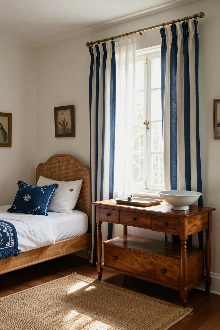 A sunlit traditional bedroom with a rattan headboard bed covered in white sheets and a navy blue embroidered throw, a wooden nightstand with a white bowl and books, blue-and-white striped curtains on a double-hung window, and a seagrass rug on hardwood floors.
