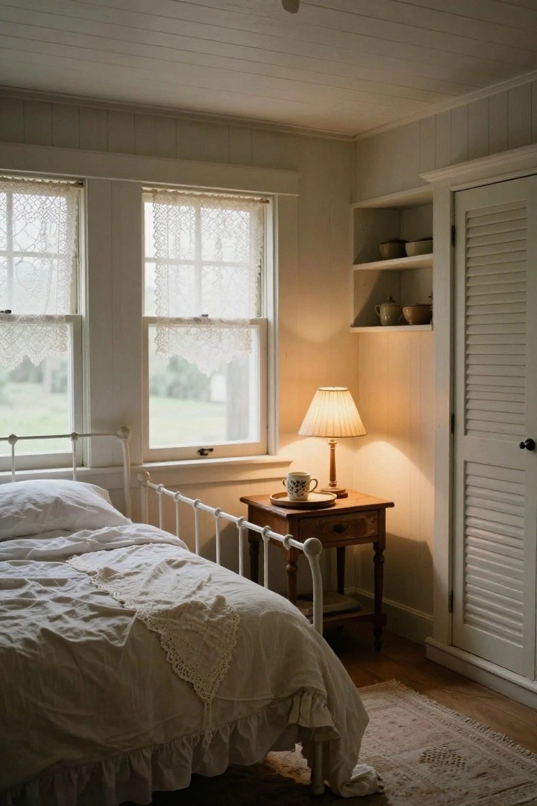 White iron bed with rumpled white linens and ruffled skirt in a corner bedroom, sheer lace curtains on double-hung windows overlooking green fields, wooden bedside table holding lamp and teacup, built-in louvered wardrobe on white walls.