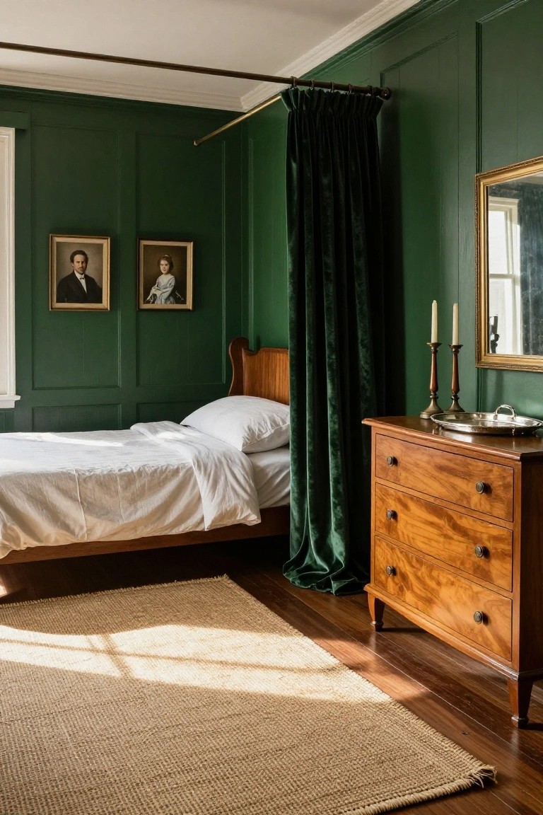 A traditional bedroom interior with emerald green paneled walls, wooden bed with white linens, antique dresser, green velvet curtains, brass candlesticks, and two framed portraits.