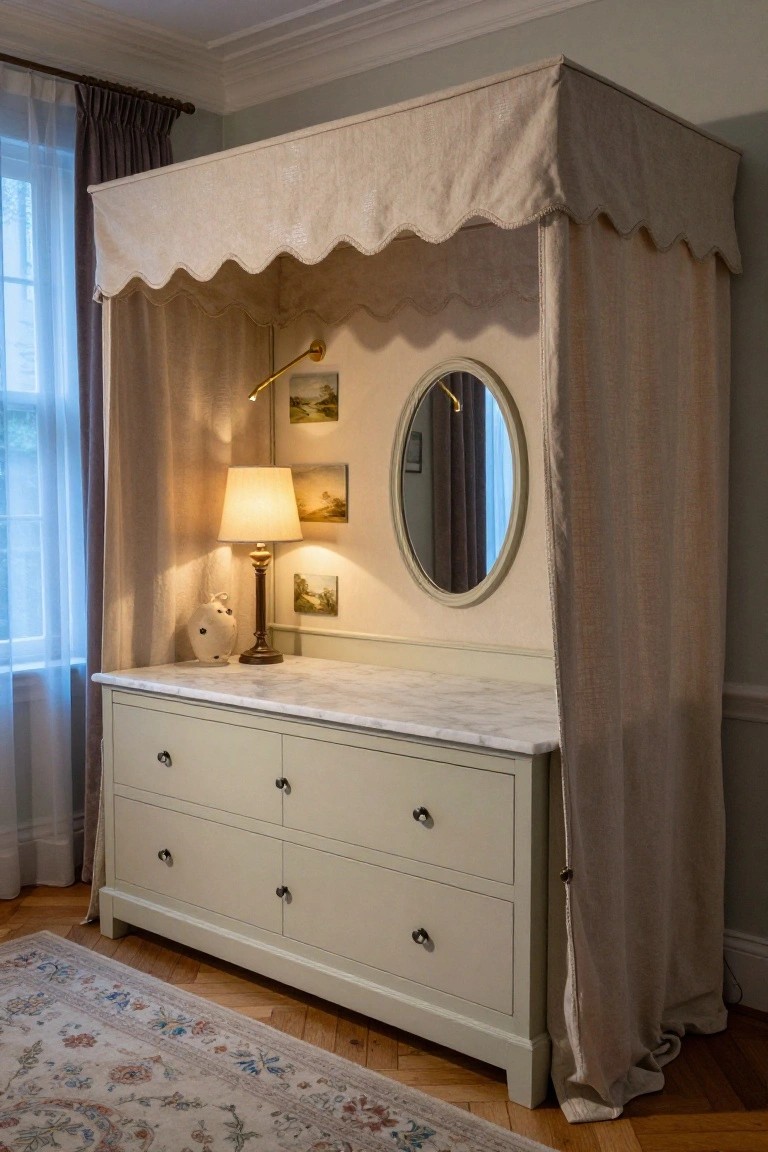 A pale dresser with marble top under a tall beige fabric canopy with scalloped edges and side curtains, topped by a lamp, teddy bear, oval mirror, and small artworks in a light bedroom with parquet flooring.