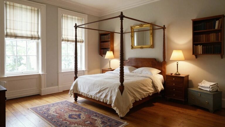 A bedroom interior with a wooden four-poster bed dressed in white linens, matching wooden nightstands, a table lamp, gold-framed mirror on pale gray walls, and a window with striped roman shade.