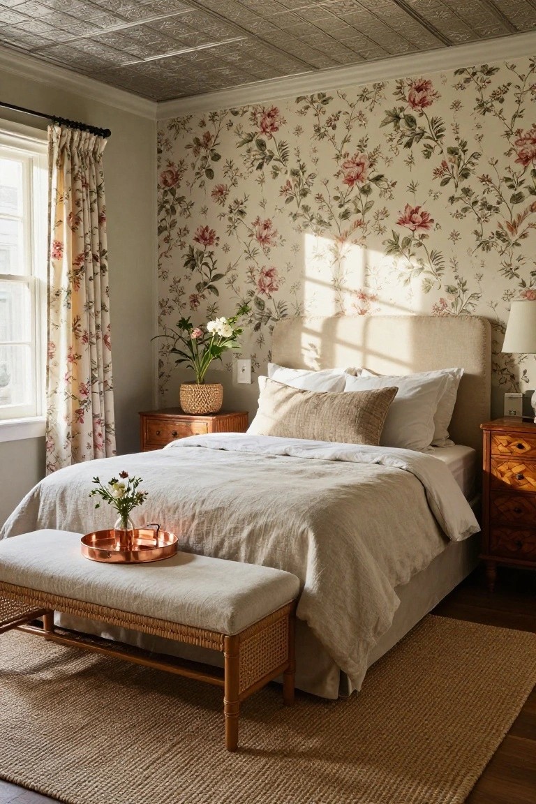 Bedroom interior with pink floral rose wallpaper on one wall, neutral beige bed with white pillows and linens, wooden nightstands, rattan bench with copper tray at bed foot, potted plants, beige curtains on window, and exposed tin ceiling.