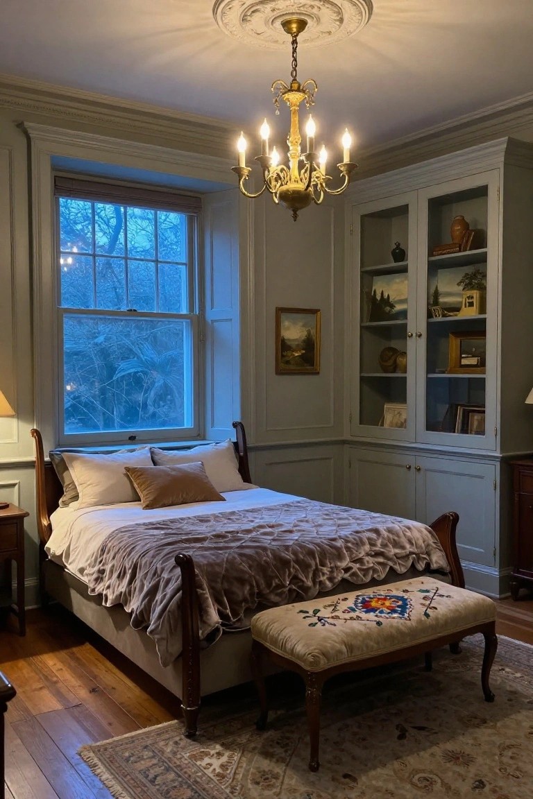 Corner of a traditional bedroom with wooden four-poster bed draped in white sheets and gray throw, upholstered bench at foot, built-in gray cabinets with books and decor, brass candle chandelier, and large window showing trees outside.