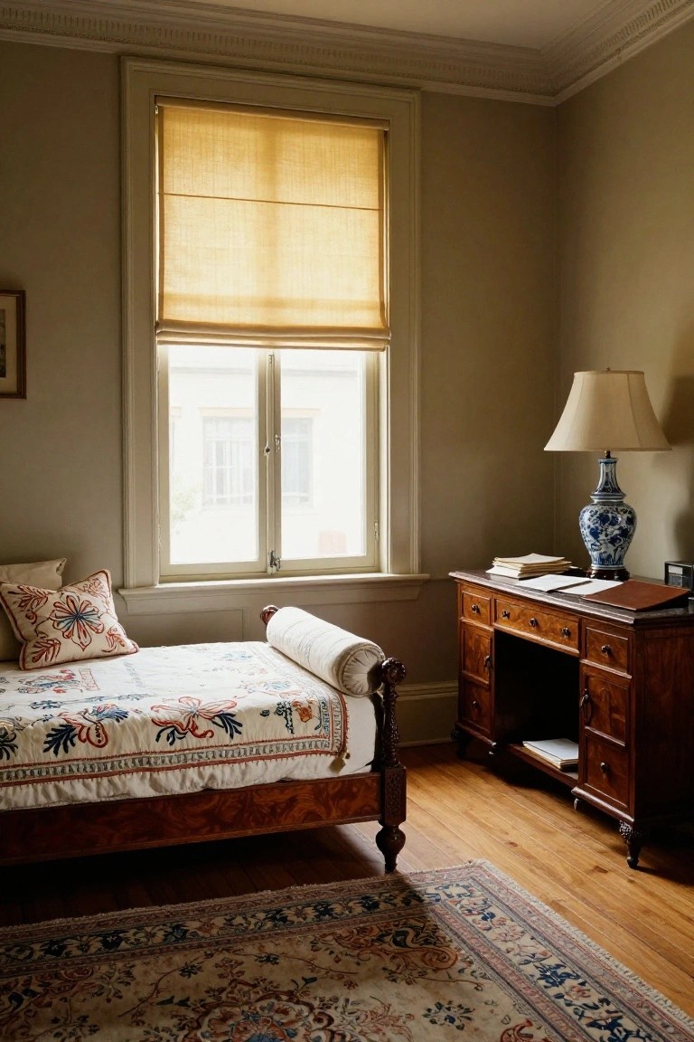 A traditional bedroom corner with a wooden daybed covered in embroidered white bedding and pillows, next to a wooden desk topped with books, papers, and a blue-and-white porcelain lamp, beside a window with bamboo shade on beige walls and hardwood floors.