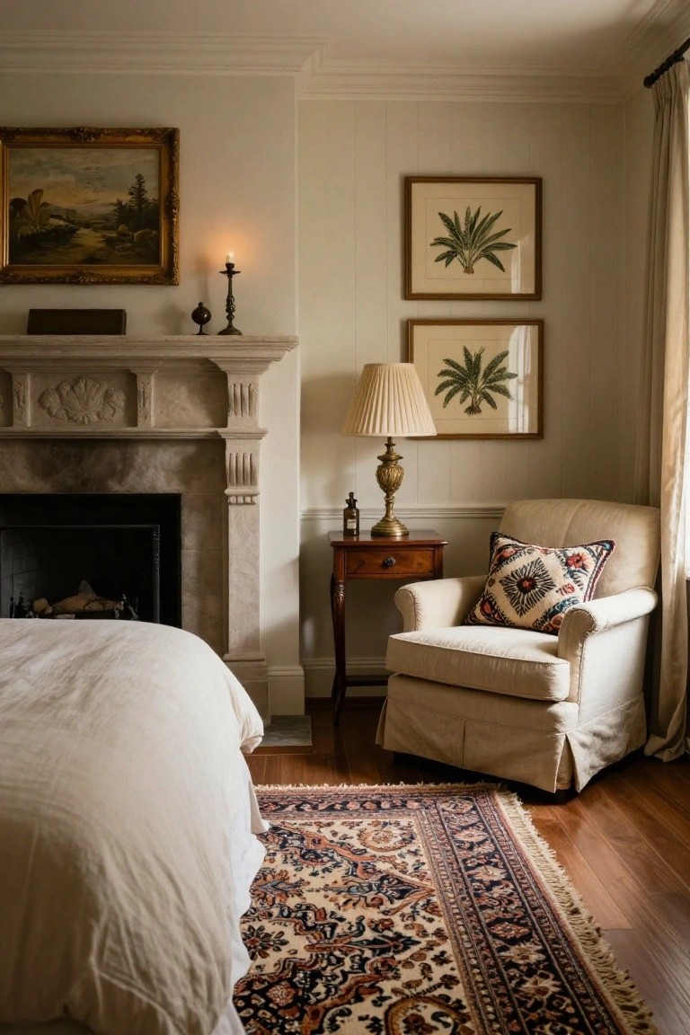 Traditional bedroom interior with carved stone fireplace mantel, beige armchair with embroidered pillow on side table, white linen bed, Persian rug, and wood floors.