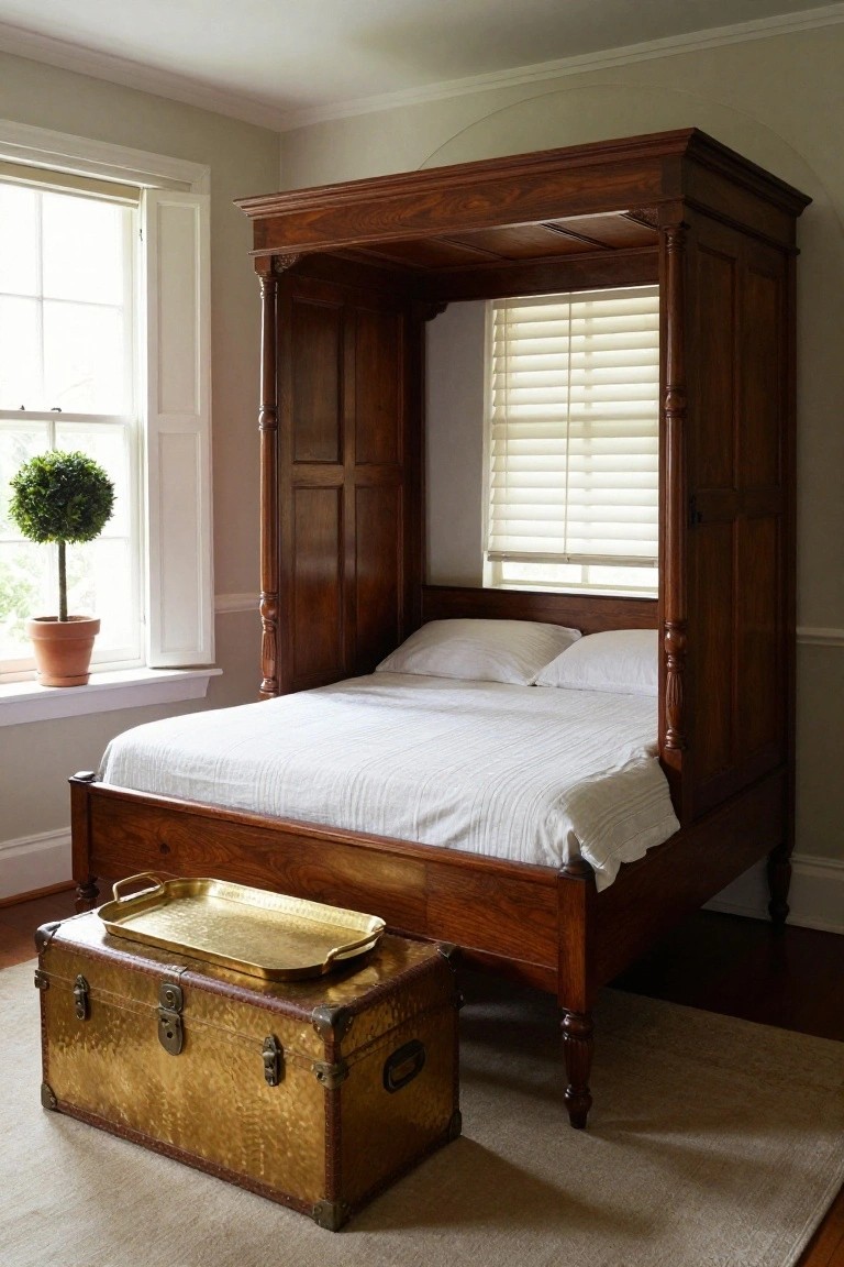 Dark wood canopy bed with enclosed sides and open front containing white bedding in a light gray bedroom, window with blinds and potted boxwood plant on sill, brass-trimmed trunk with gold tray on floor nearby.