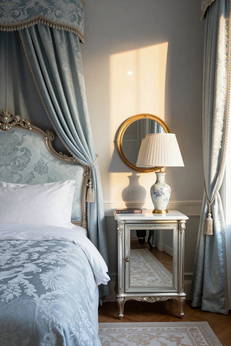 A traditional bedroom interior with a blue damask canopy bed, gilded nightstand holding a porcelain vase and lamp, round gold mirror on the wall, and blue drapes on the windows.