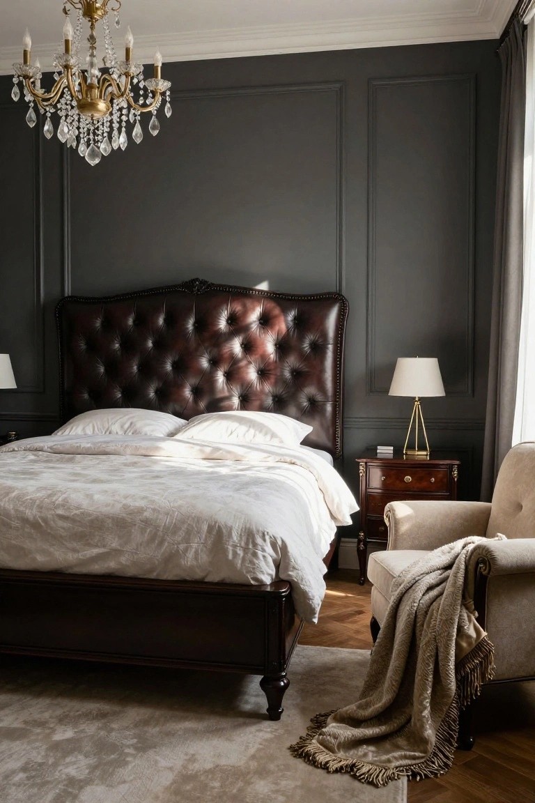 A traditional bedroom with a tall dark brown tufted leather headboard on a wooden bed frame, dark gray paneled walls, crystal chandelier overhead, white pillows and duvet on the bed, wooden nightstand with lamp, cream armchair with throw blanket, light rug on parquet floor.