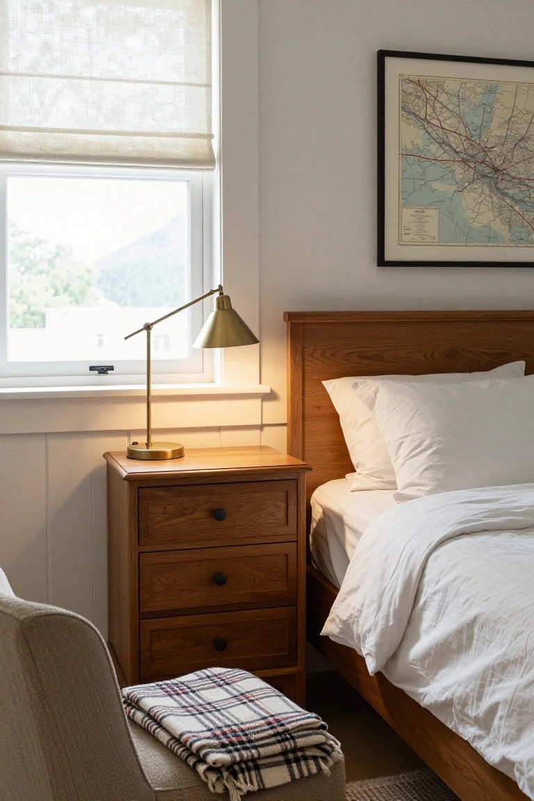 Bedroom corner with wooden bed frame and white linens, matching wooden nightstand holding a brass desk lamp, window with linen shade, map on wall, armchair with plaid blanket, and wood floor.