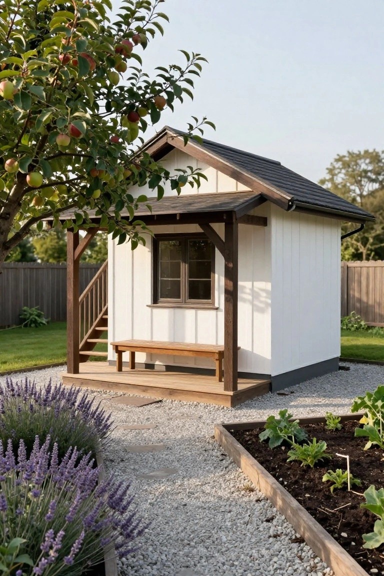 White clapboard shed with dark gabled roof and exposed beams, featuring a small covered porch with wooden stairs and bench, apple tree nearby, lavender border, gravel path, and raised vegetable bed in a grassy backyard.