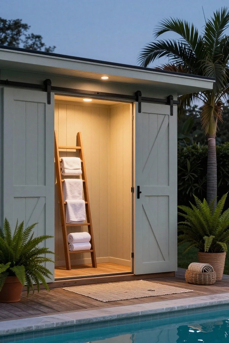 Open light green sliding barn doors on a wooden poolside cabana at dusk reveal a wooden ladder holding stacked white towels inside, with potted ferns, a woven basket on a deck beside a blue swimming pool.