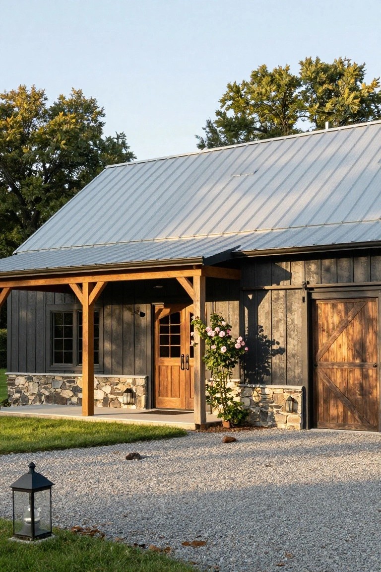 Exterior of a dark board-and-batten sided barn-style house with gray standing-seam metal roof, wooden covered porch and entry door, stone foundation, large wooden garage door, gravel driveway, lantern light, rose bush, and trees on a lawn.