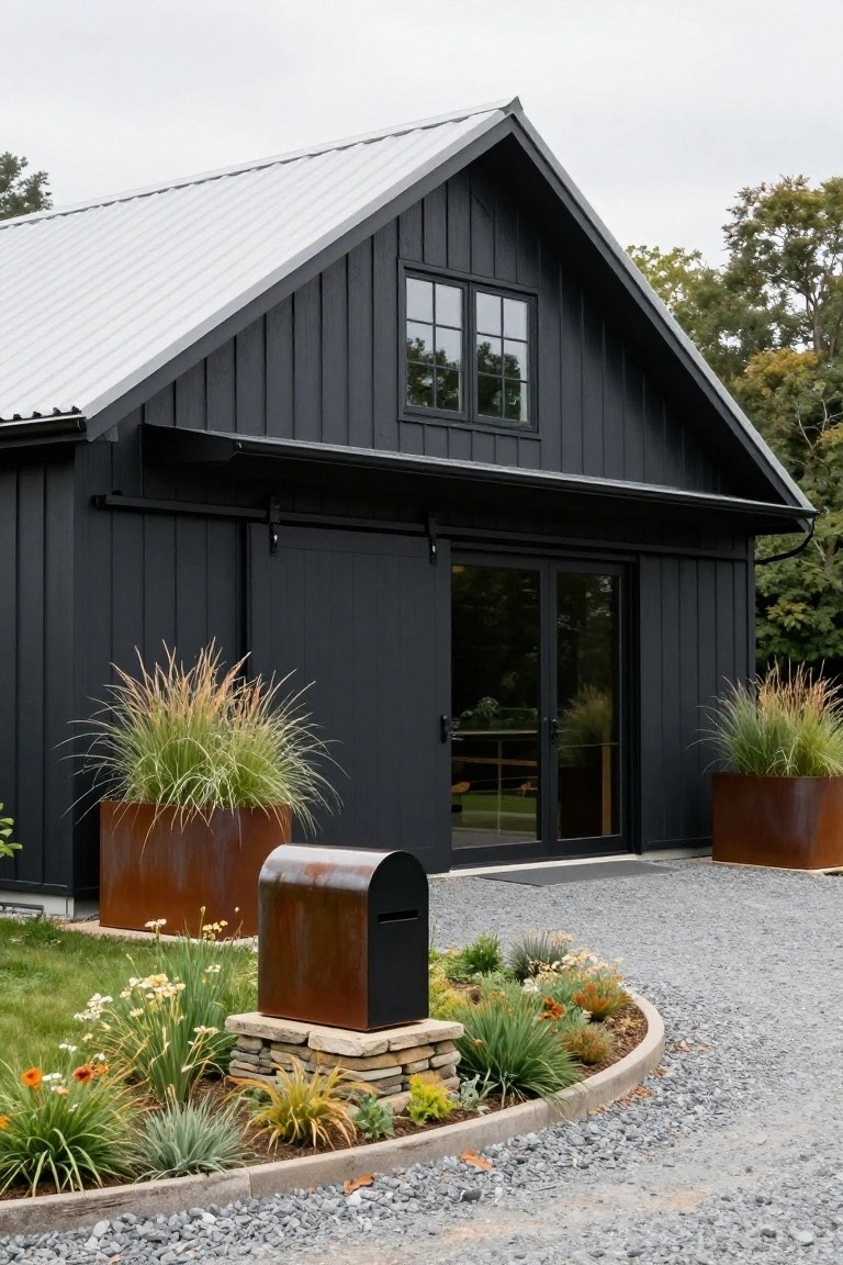 Black board-and-batten barn-style house exterior with gray metal gable roof, large sliding glass door entry under overhang, flanked by tall grasses in corten steel planters, rusty mailbox on stone base, gravel driveway edged with low flower beds and lawn.