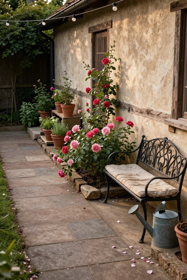 Rustic beige stucco wall of a house with wooden shutters and beams, covered in pink climbing roses, surrounded by potted plants, a black wrought iron bench on a stone pathway, string lights overhead, and a metal watering can.