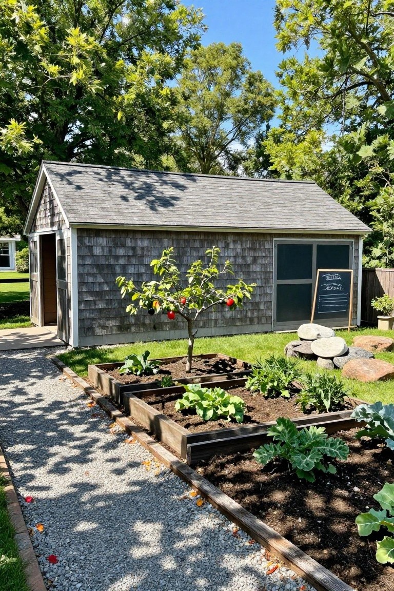 Gray shingled gabled shed with open door beside raised wooden garden beds containing vegetables, a young apple tree with red apples, gravel path edged in bricks, stacked rocks, and green trees in the background.