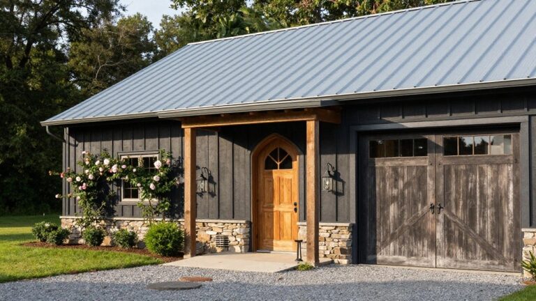 Exterior of a dark board-and-batten sided barn-style house with gray standing-seam metal roof, wooden covered porch and entry door, stone foundation, large wooden garage door, gravel driveway, lantern light, rose bush, and trees on a lawn.
