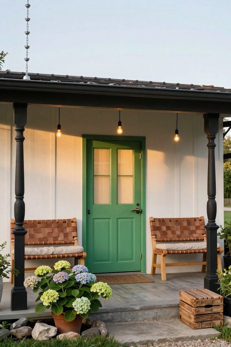 White clapboard barn house exterior with green double door centered on a covered porch, black posts, two wicker chairs with cushions, three hanging bulb lights, large potted hydrangea plant, wooden crate on concrete steps, and gravel landscaping.