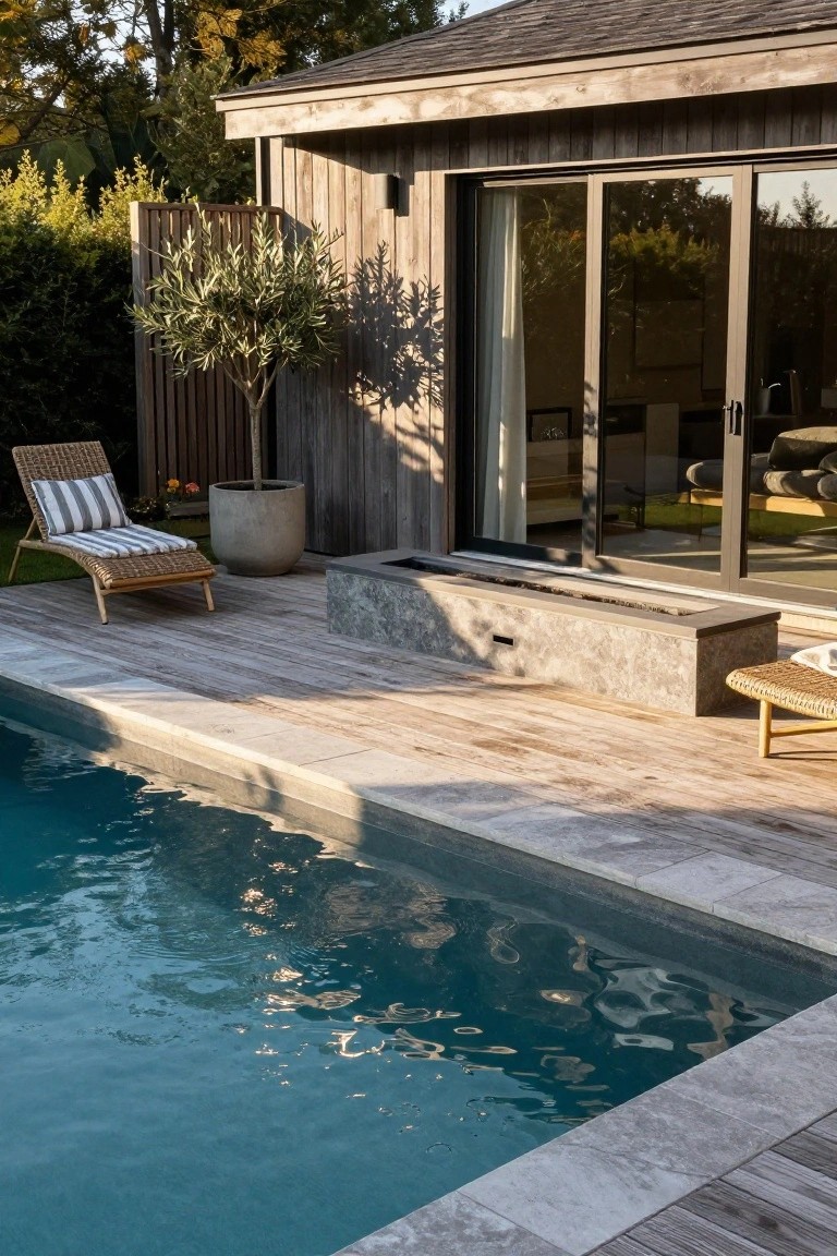 Wooden pool house with sliding glass doors opens onto a deck beside a rectangular pool, with a built-in linear gray stone fire pit box, wicker lounger and stool, potted olive tree, and hedges in the background.