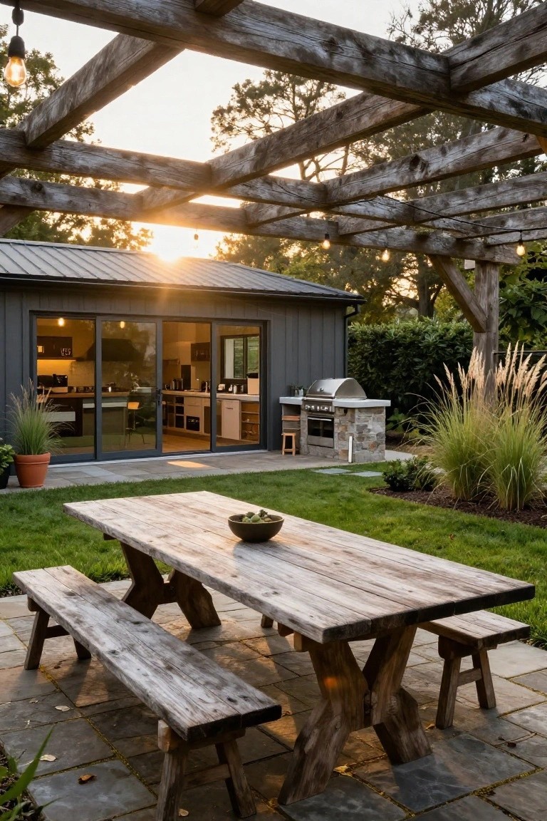 Rustic wooden pergola with string lights covers a long weathered wood dining table and benches on a stone patio adjacent to a gray barn-style building with sliding glass doors to an outdoor kitchen and grill, surrounded by lawn and tall ornamental grasses.