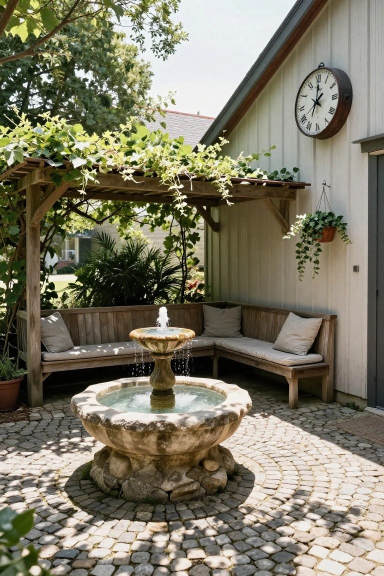 Stone fountain in center of cobblestone patio surrounded by L-shaped wooden bench under vine-covered wooden pergola next to white barn-style building with wall clock and hanging plants