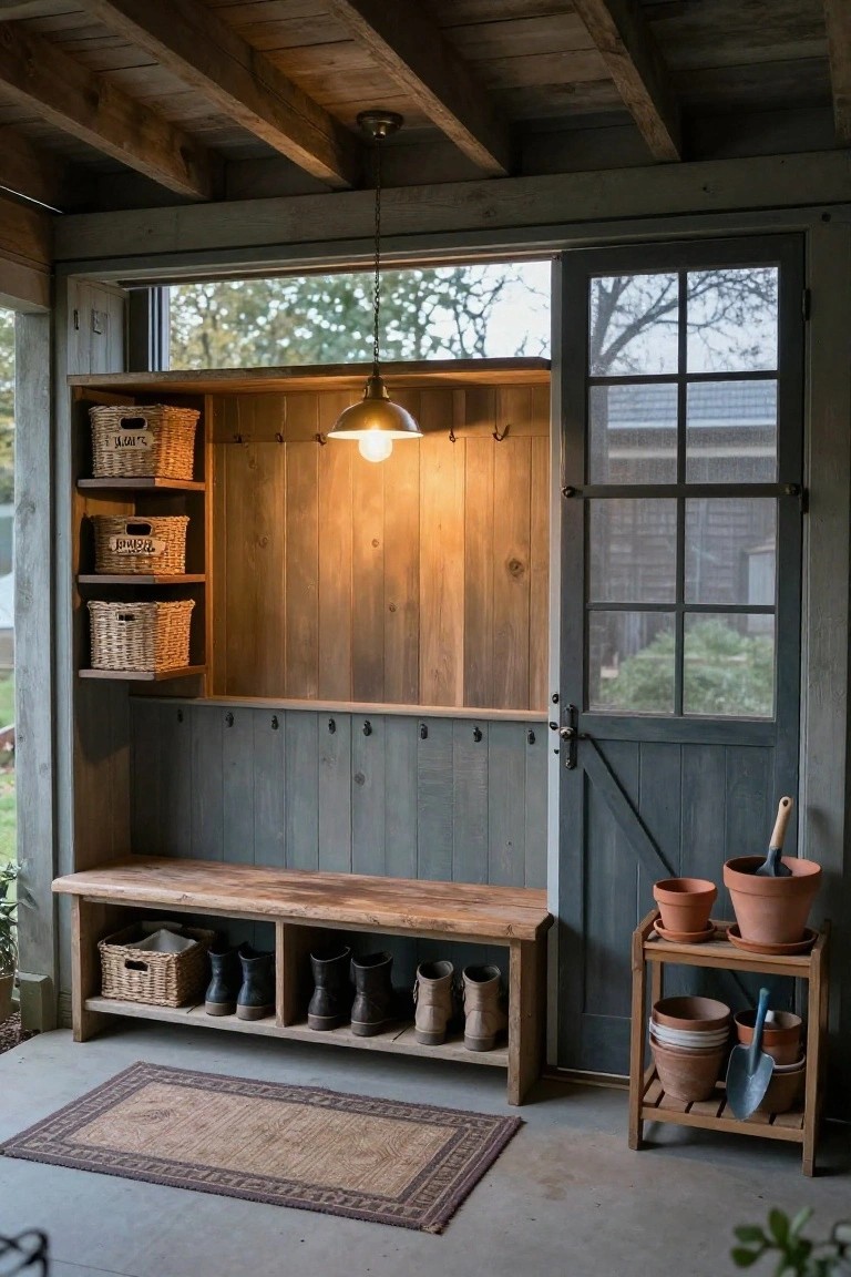 Covered porch mudroom with wooden bench featuring boot storage cubbies, wall-mounted shelves holding wicker baskets, coat hooks on wood-paneled wall, open screen door, and plant stand with terracotta pots and garden tools.