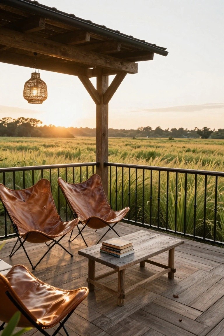 Wooden deck balcony under a covered porch with three brown leather butterfly chairs and a low wooden table with books, black metal railing overlooking tall green grass fields at sunset, rattan lantern hanging above.