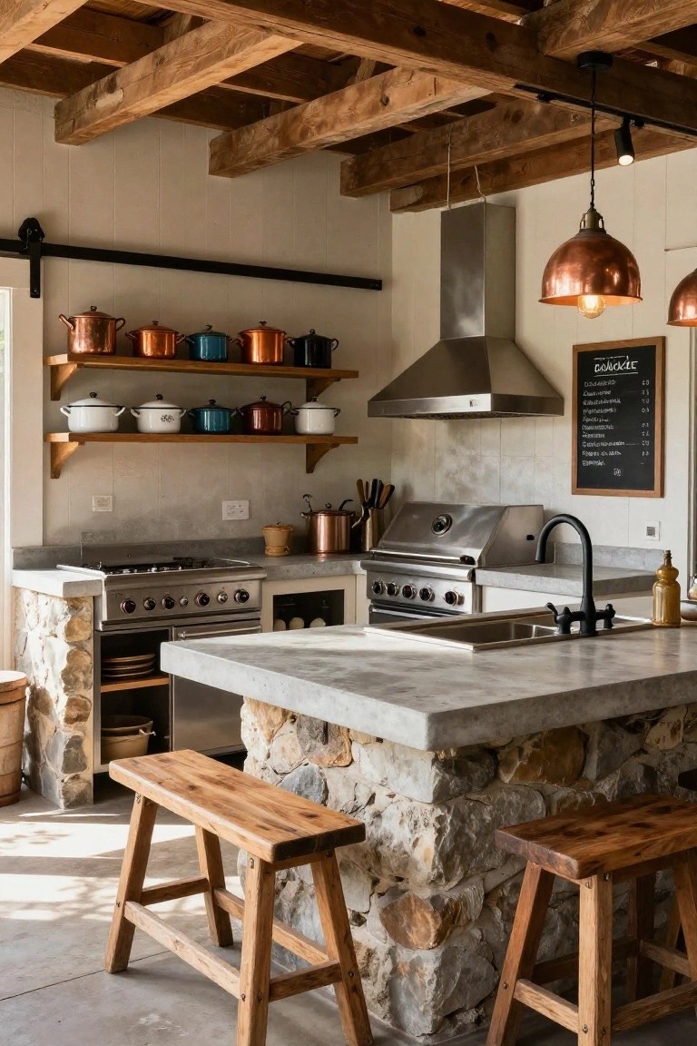Kitchen interior with concrete-topped island on stacked stone base, wooden stools, exposed beam ceiling, copper pots on wall shelves, stainless steel cooktop and range, and blackboard menu.