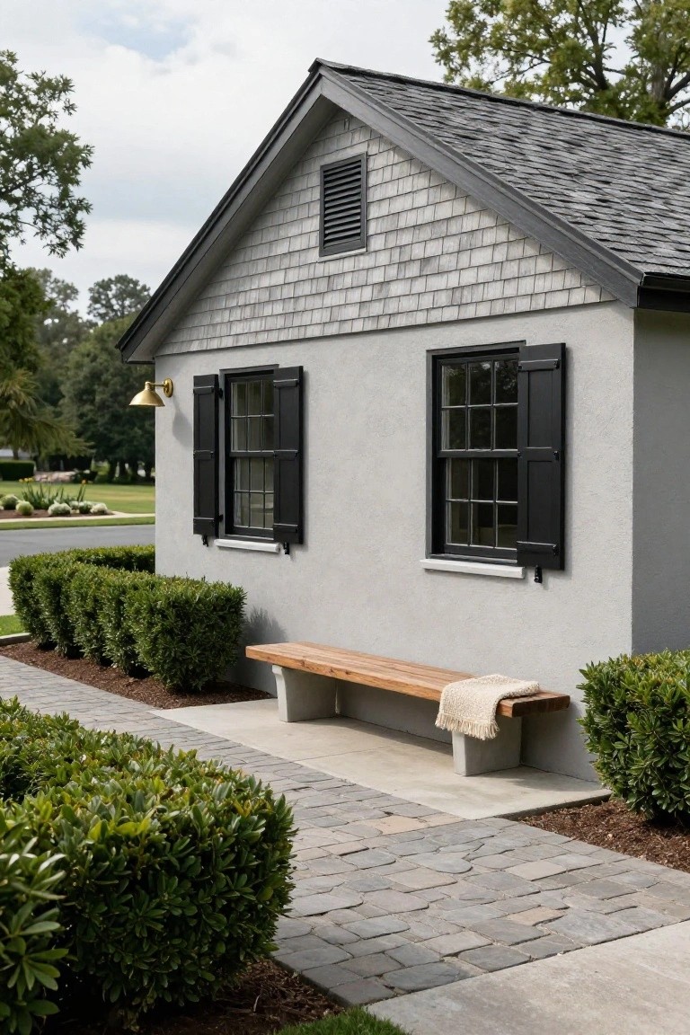 Gray shingle and stucco sided building exterior with gabled roof, black shutters on double-hung windows, brass wall lantern, wooden bench with white throw blanket on concrete base against the wall, cobblestone pathway flanked by boxwood hedges.