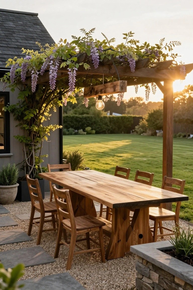 Wooden pergola covered in purple wisteria vines over a long rectangular wooden dining table and chairs on a gravel patio next to a gray-shingled house with green lawn and hedges in the background at sunset.
