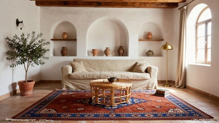 White stucco living room with exposed wood beam ceiling, arched wall niches holding terracotta pots, two beige fabric sofas, rattan coffee table with books and mug, large red and blue patterned rug on terracotta tile floor, olive tree in red pot, gold floor lamp, and arched window with gray curtains.